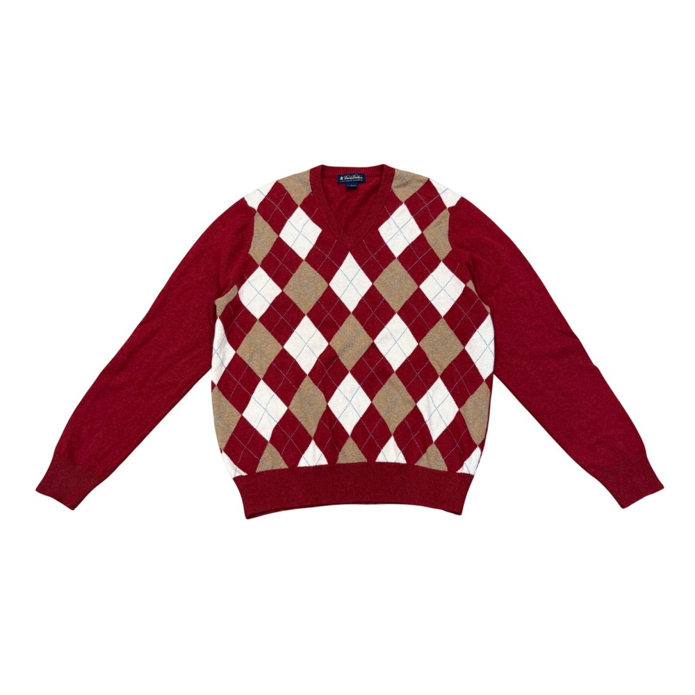 Brooks Brothers Mens Red Argyle 3 Ply Italian Cashmere V-Neck Sweater Large
